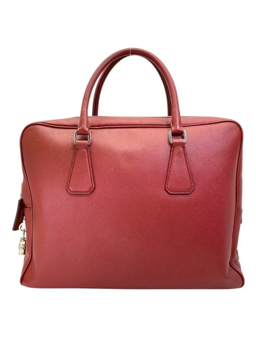 Prada Business Briefcase Handbag Triangle Logo Saffiano Leather Red Document